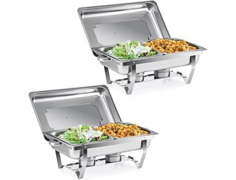2x Wilprep Bain Marie Set 9L Roestvrij Staal met 4 Half Size Bakken & Brandstofhouders