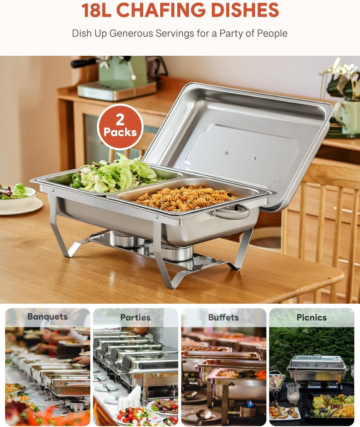 2x Wilprep Bain Marie Set 9L Roestvrij Staal met 4 Half Size Bakken & Brandstofhouders