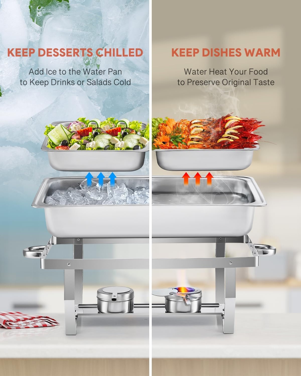2x Wilprep Bain Marie Set 9L Roestvrij Staal met 4 Half Size Bakken & Brandstofhouders