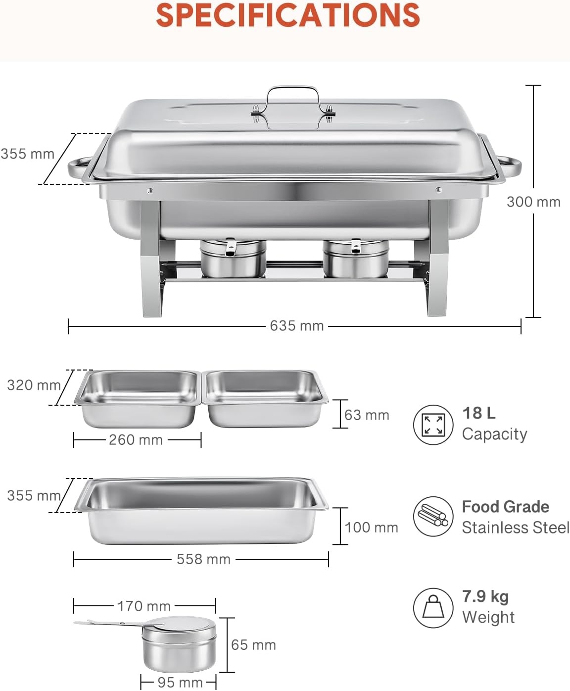 2x Wilprep Bain Marie Set 9L Roestvrij Staal met 4 Half Size Bakken & Brandstofhouders