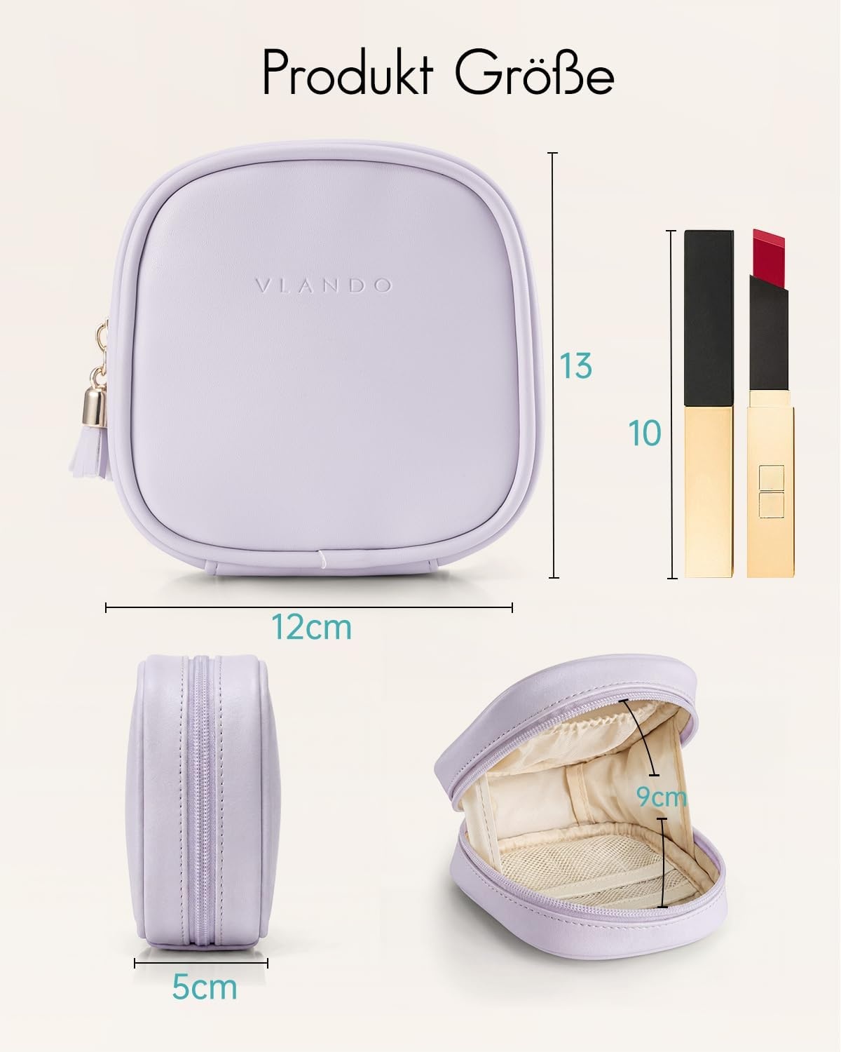 Vlando Kleine make-uptas voor portemonnee met steekvakken, make-uptas voor dames met ritssluiting, waterdichte make-uptas voor vrouwen, lichtlila, Klassiek