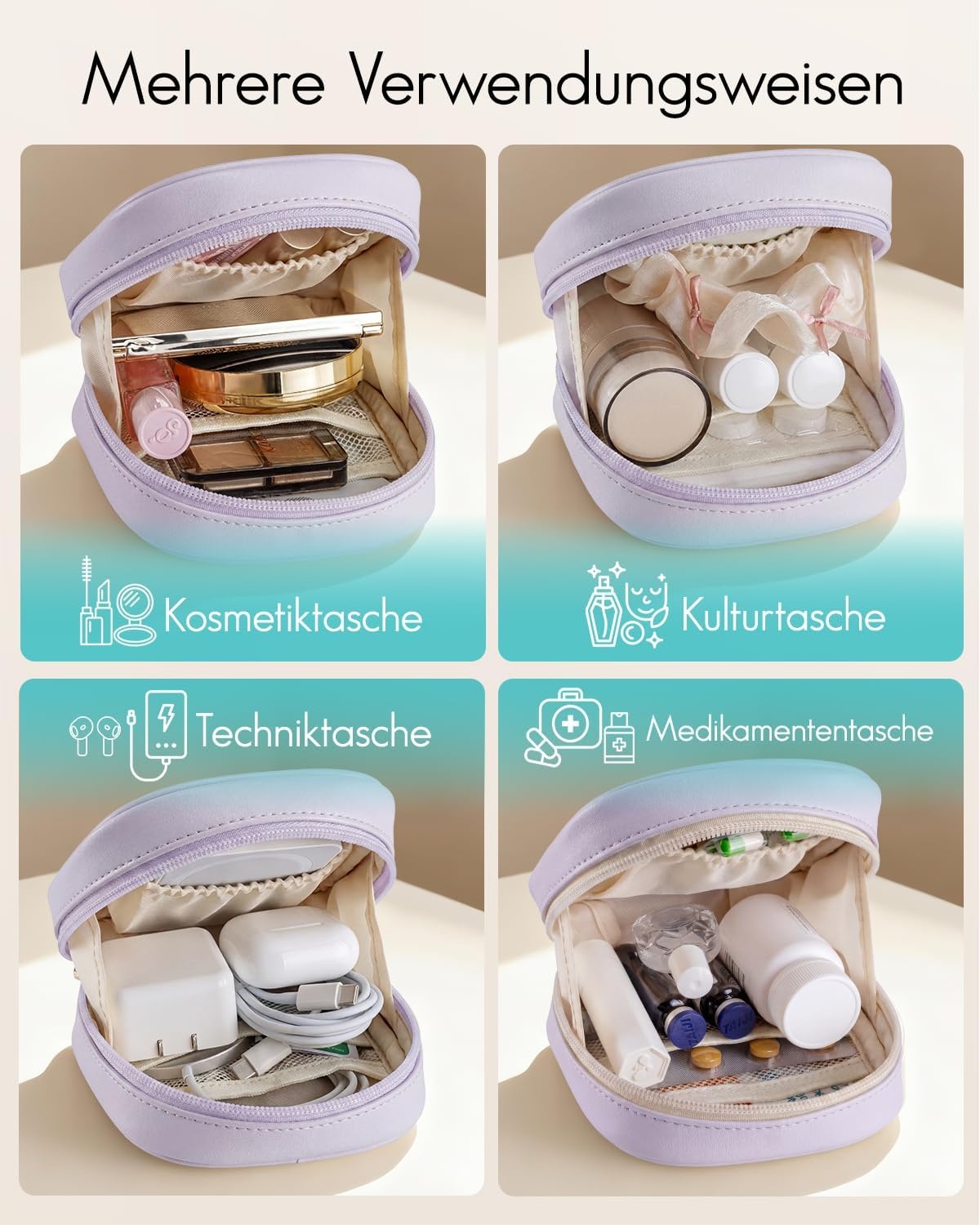 Vlando Kleine make-uptas voor portemonnee met steekvakken, make-uptas voor dames met ritssluiting, waterdichte make-uptas voor vrouwen, lichtlila, Klassiek