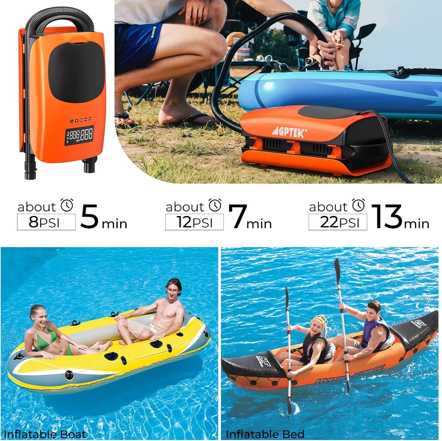 AGPTEK 22PSI Hoge druk Paddle Board Pomp Snelle Draagbare SUP-luchtpomp, opblazen en deflatie functie Auto-Off &12V DC Auto Connector Dual Stage voor Opblaasbare Stand Up Paddle Boards