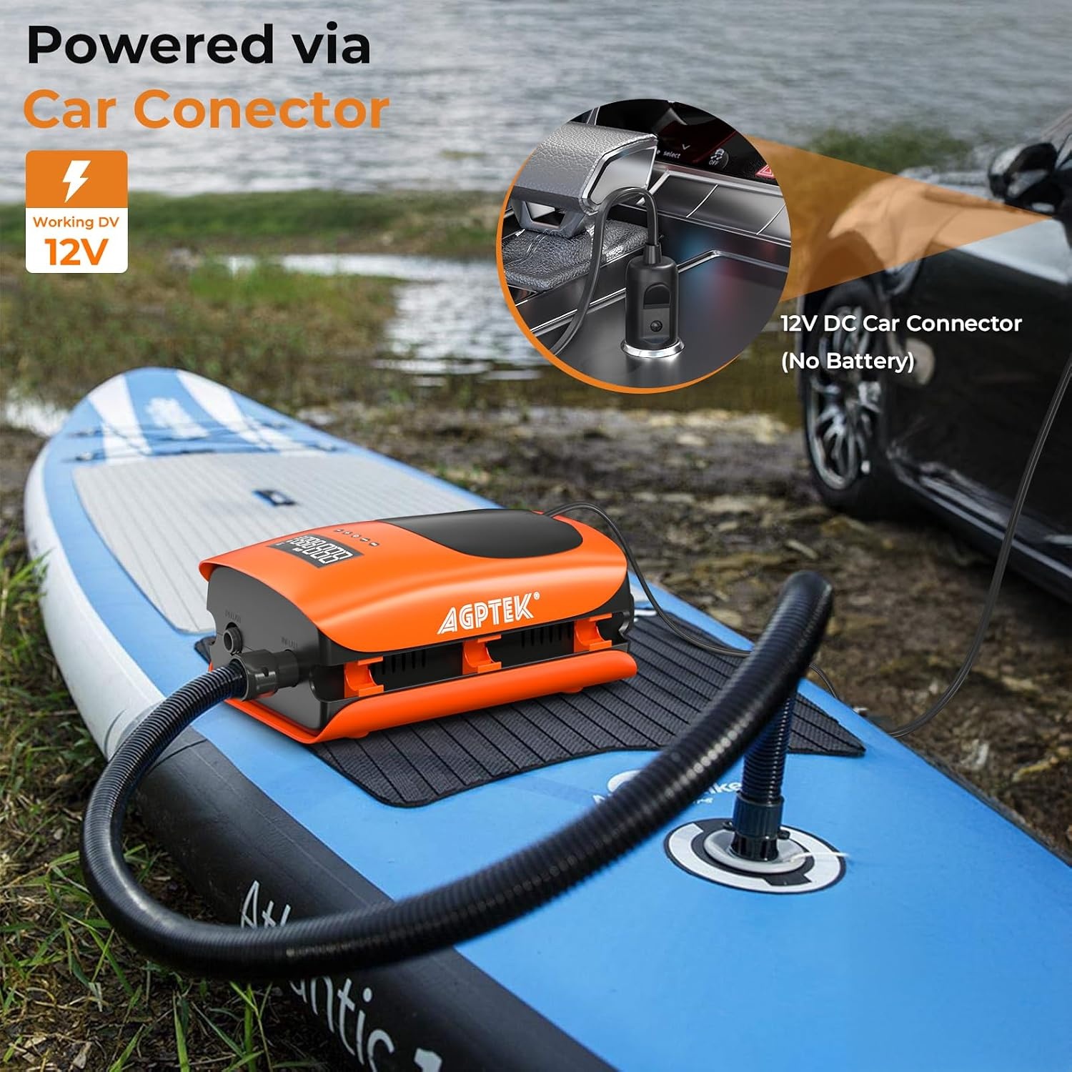 AGPTEK 22PSI Hoge druk Paddle Board Pomp Snelle Draagbare SUP-luchtpomp, opblazen en deflatie functie Auto-Off &12V DC Auto Connector Dual Stage voor Opblaasbare Stand Up Paddle Boards