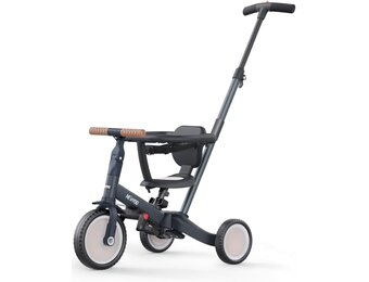 newyoo peuterdriewieler met ouderduwstang voor 1-3 jaar, peuterfiets, loopfiets, verjaardagscadeau & loopfiets voor jongen & meisje, 5-in-1 kinderdriewieler met veiligheidsbeugel, TR008, donkergrijs