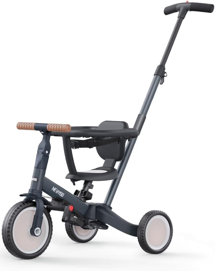 newyoo peuterdriewieler met ouderduwstang voor 1-3 jaar, peuterfiets, loopfiets, verjaardagscadeau & loopfiets voor jongen & meisje, 5-in-1 kinderdriewieler met veiligheidsbeugel, TR008, donkergrijs