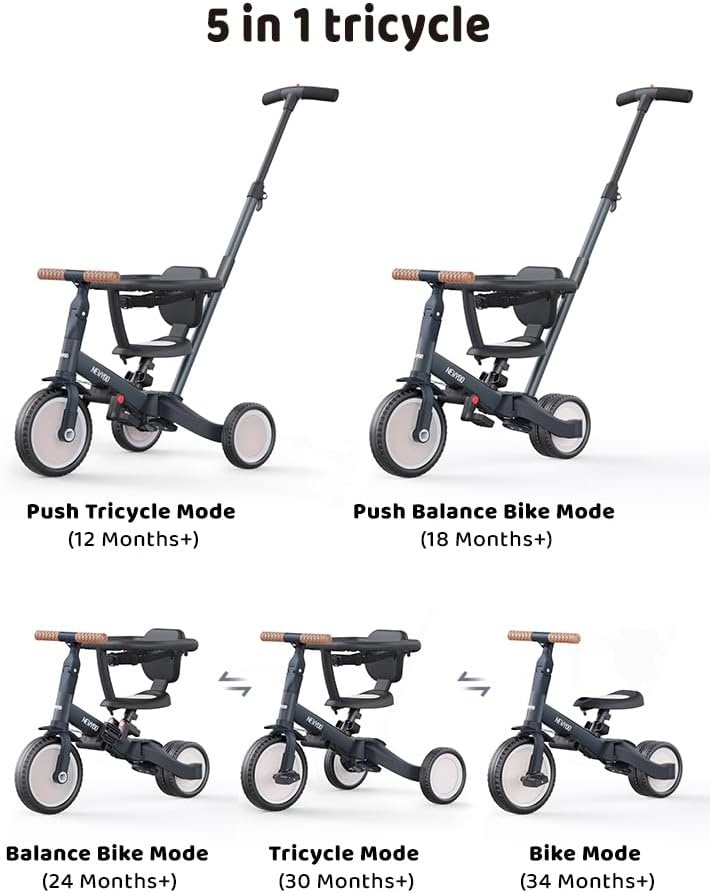 newyoo peuterdriewieler met ouderduwstang voor 1-3 jaar, peuterfiets, loopfiets, verjaardagscadeau & loopfiets voor jongen & meisje, 5-in-1 kinderdriewieler met veiligheidsbeugel, TR008, donkergrijs