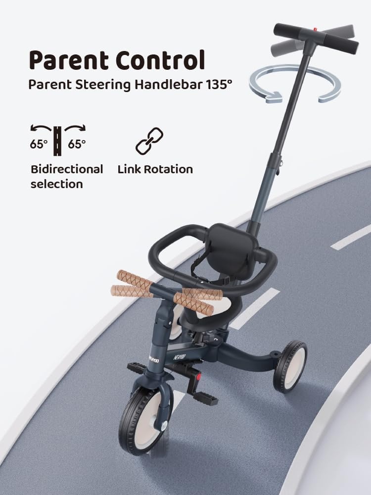 newyoo peuterdriewieler met ouderduwstang voor 1-3 jaar, peuterfiets, loopfiets, verjaardagscadeau & loopfiets voor jongen & meisje, 5-in-1 kinderdriewieler met veiligheidsbeugel, TR008, donkergrijs