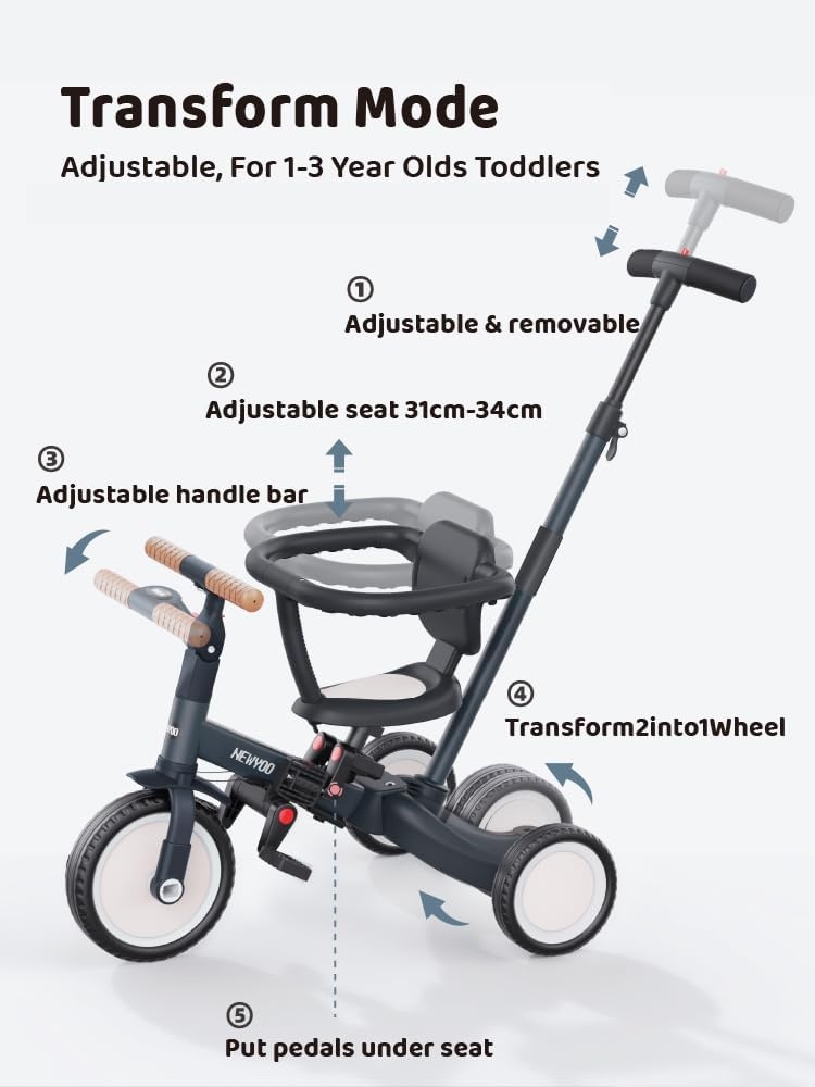 newyoo peuterdriewieler met ouderduwstang voor 1-3 jaar, peuterfiets, loopfiets, verjaardagscadeau & loopfiets voor jongen & meisje, 5-in-1 kinderdriewieler met veiligheidsbeugel, TR008, donkergrijs