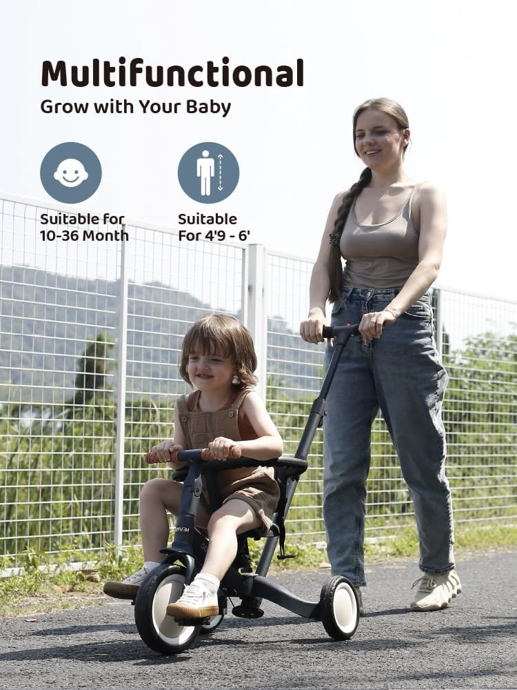 newyoo peuterdriewieler met ouderduwstang voor 1-3 jaar, peuterfiets, loopfiets, verjaardagscadeau & loopfiets voor jongen & meisje, 5-in-1 kinderdriewieler met veiligheidsbeugel, TR008, donkergrijs