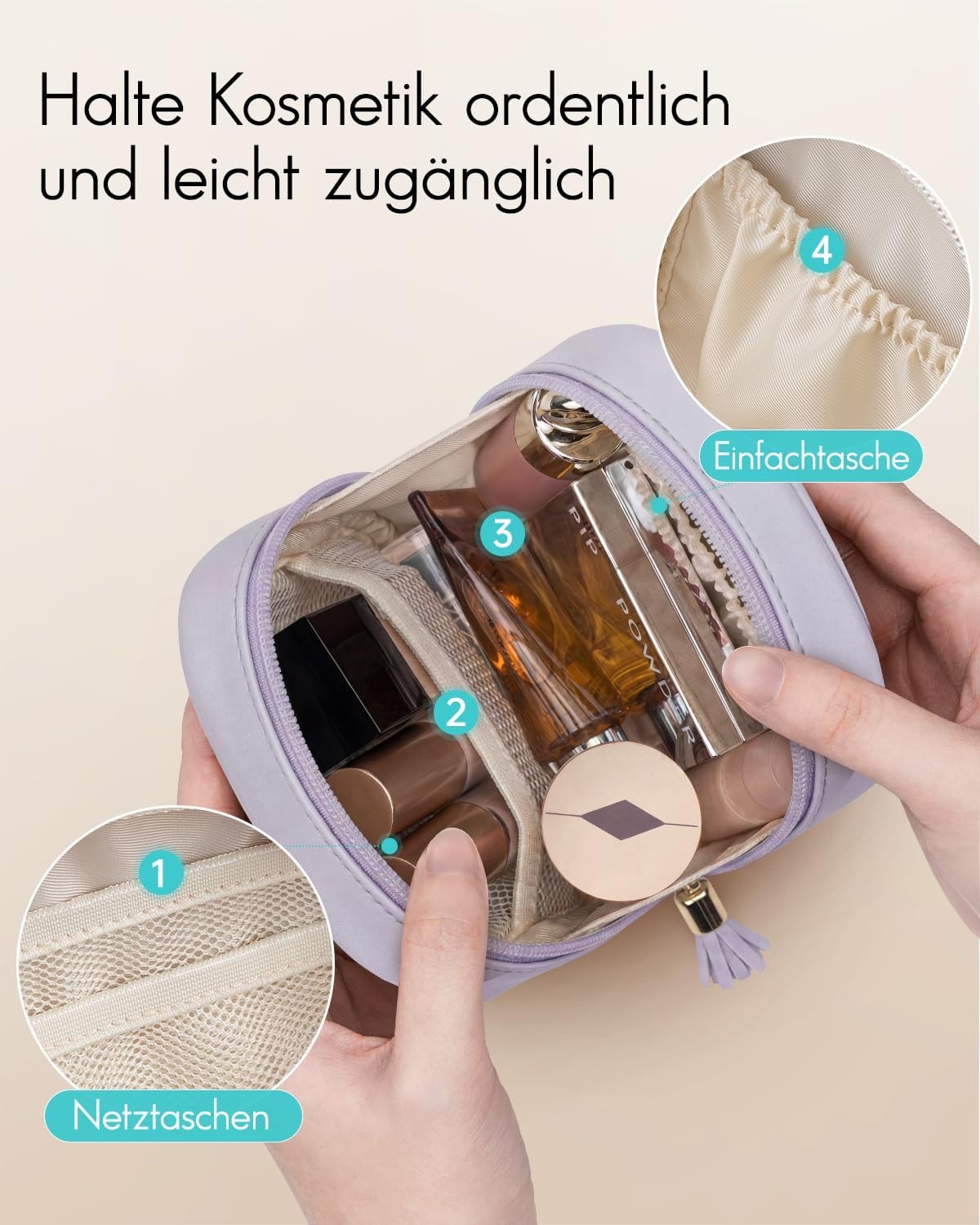 Vlando Kleine make-uptas voor portemonnee met steekvakken, make-uptas voor dames met ritssluiting, waterdichte make-uptas voor vrouwen, lichtlila, Klassiek