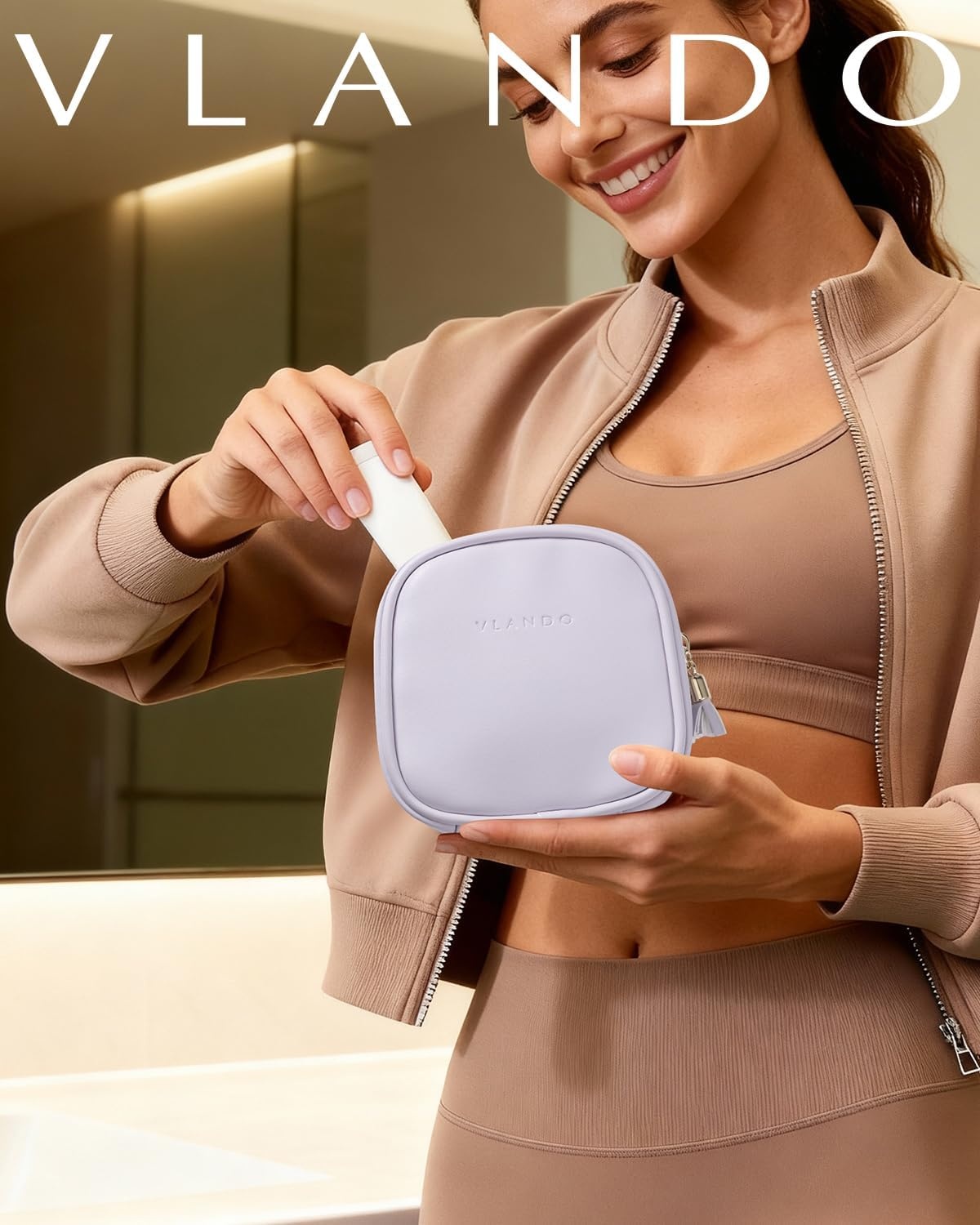 Vlando Kleine make-uptas voor portemonnee met steekvakken, make-uptas voor dames met ritssluiting, waterdichte make-uptas voor vrouwen, lichtlila, Klassiek