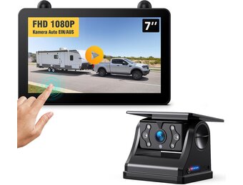 eRapta Draadloze achteruitrijcamera-kit op zonne-energie, 7 inch, 1080p monitor, touchscreen, IPS-monitor, 1 min, doe-het-zelfinstallatie, IP69K waterdichte achteruitrijcamera voor personenauto