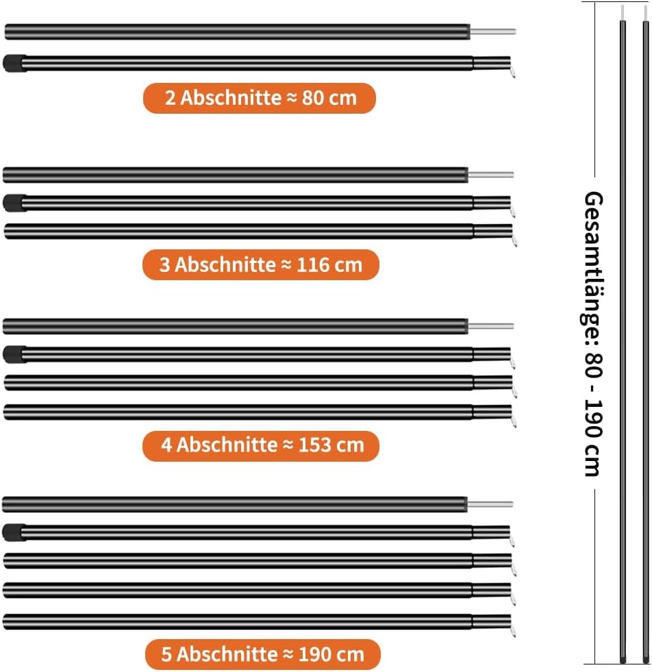Tentstang, telescoopstang, set van 2, opstelstang voor tarp, tent, zonnezeil, campingzeilen, tentstokken verstelbaar van 50-200 cm, stang voor bevestiging van het zonnezeil