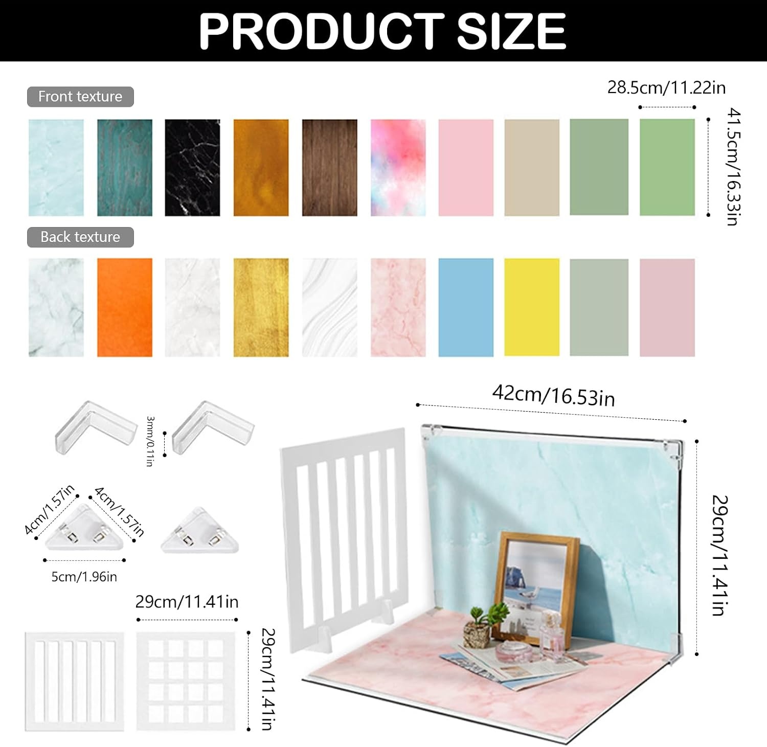 10-delige fotoachtergrondset, 42 x 29 cm, productfotografie, dubbelzijdig opvouwbaar, ideaal voor fotostudio's, sieraden, cosmetica, tafels en bureaus