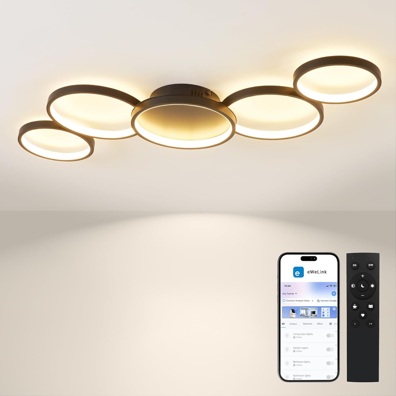 BAYHT Plafondlamp met afstandsbediening, woonkamerlamp met Matter compatibel met HomeKit, Alexa, Google en IFTTT, 50W moderne LED-plafondlamp voor slaapkamer en woonkamer (100cm, zwart)