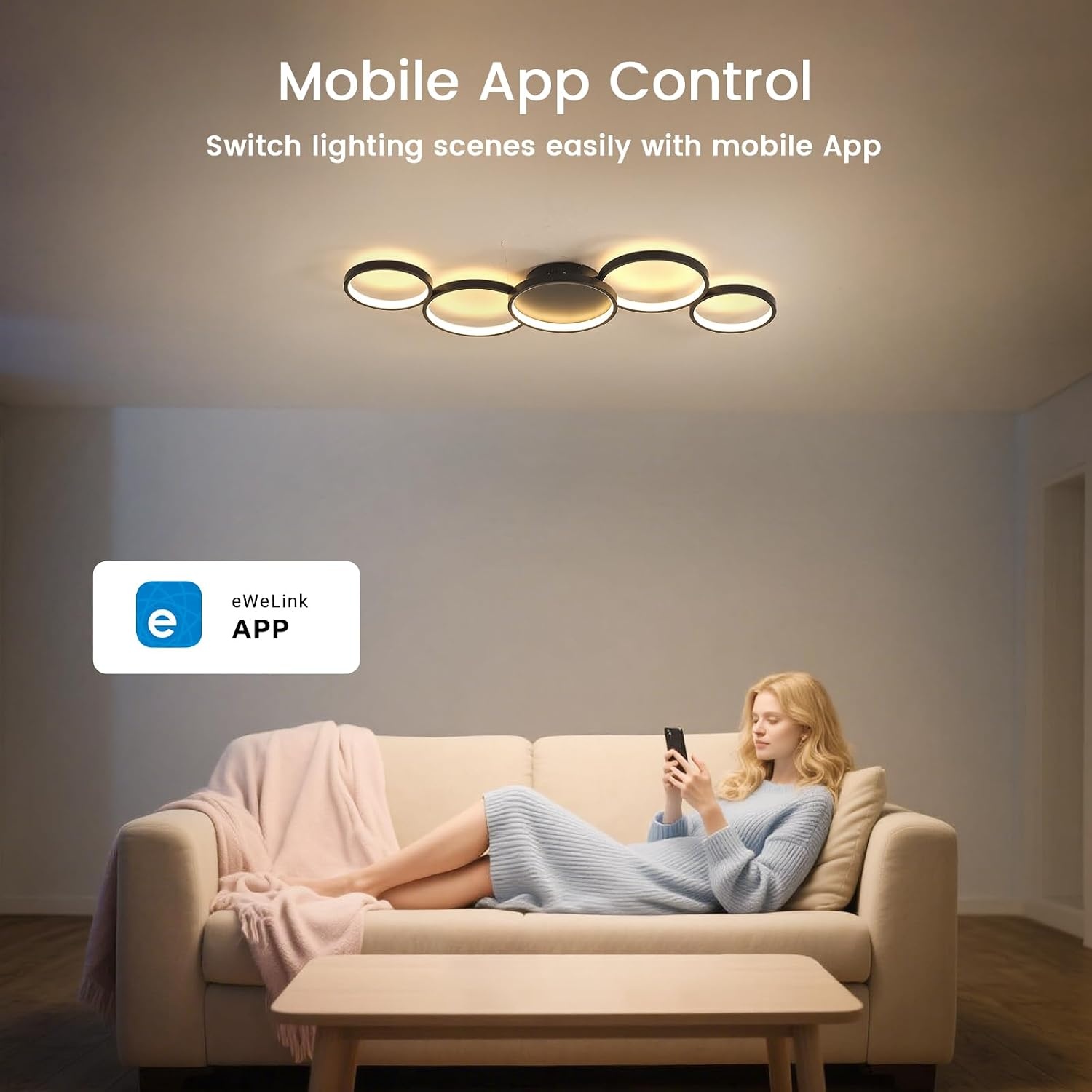 BAYHT Plafondlamp met afstandsbediening, woonkamerlamp met Matter compatibel met HomeKit, Alexa, Google en IFTTT, 50W moderne LED-plafondlamp voor slaapkamer en woonkamer (100cm, zwart)