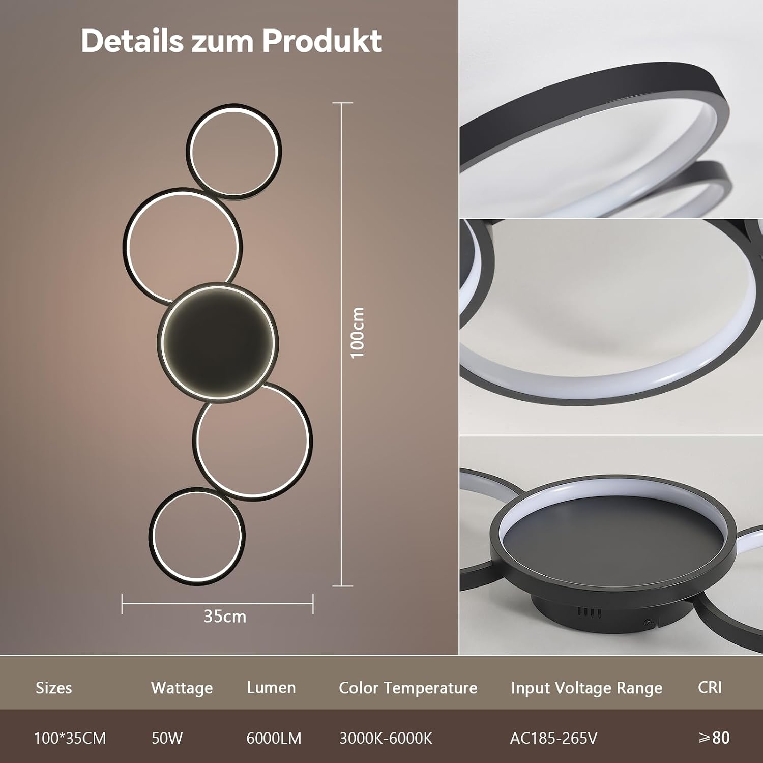 BAYHT Plafondlamp met afstandsbediening, woonkamerlamp met Matter compatibel met HomeKit, Alexa, Google en IFTTT, 50W moderne LED-plafondlamp voor slaapkamer en woonkamer (100cm, zwart)