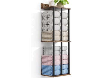 Handdoekrekken voor badkamer wandmontage met houten opbergplank, vernieuwde 3-staaf metalen handdoekhouder voor opgerolde handdoeken, stevig en grote capaciteit, handdoekopbergorganizer