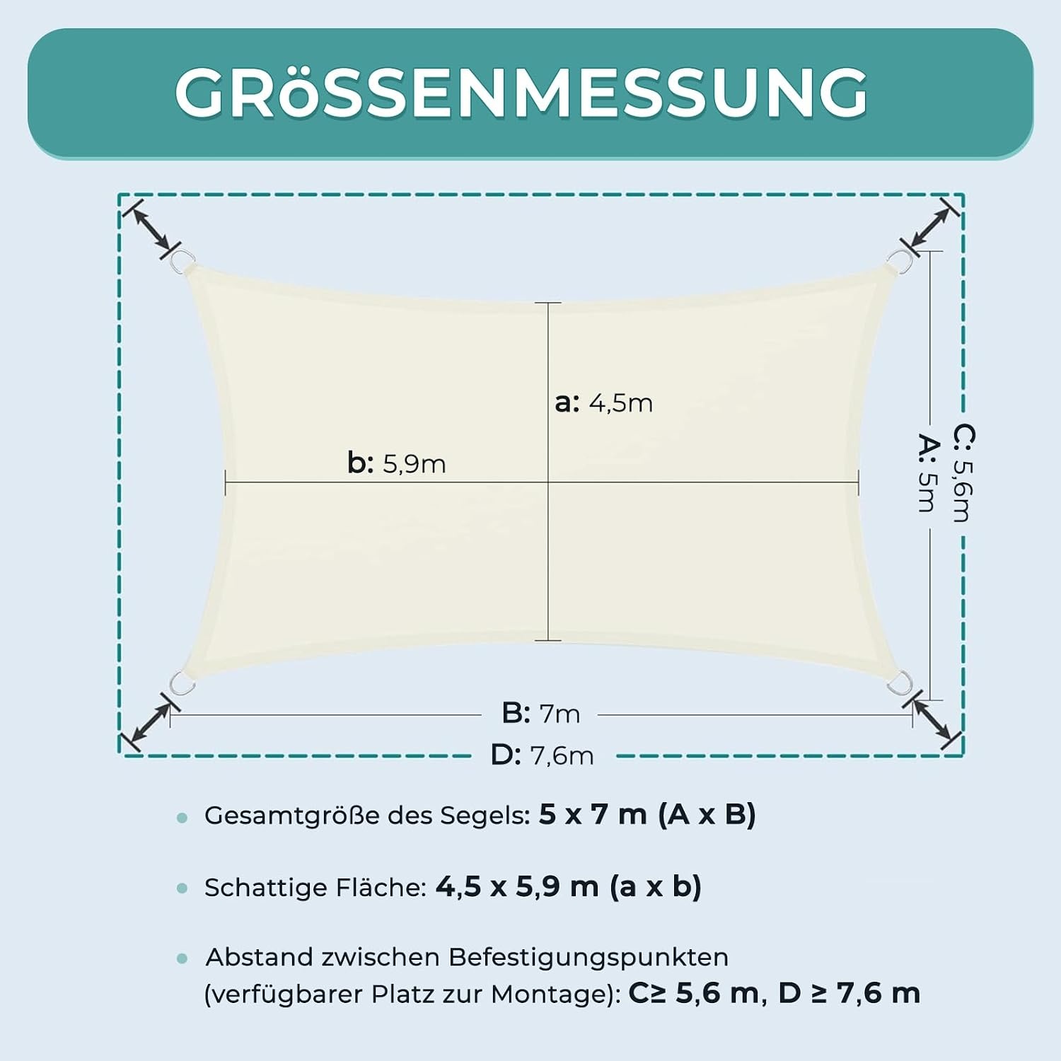 Dripex Zonnezeil Rechthoekig 5 x 7 meter - Cream Wit - UV-bestendig