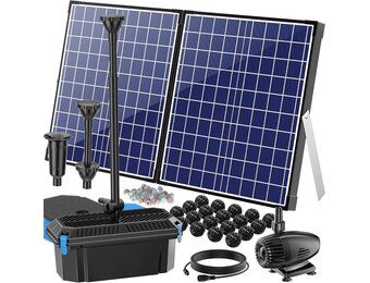 Biling Vijverpomp op zonne-energie, complete set met pomp, 50 W, 2100 l/u, vijverpomp op zonne-energie met filter voor vijvers tot 4000 liter, fontein op zonne-energie, voor buiten, tuin, vijver