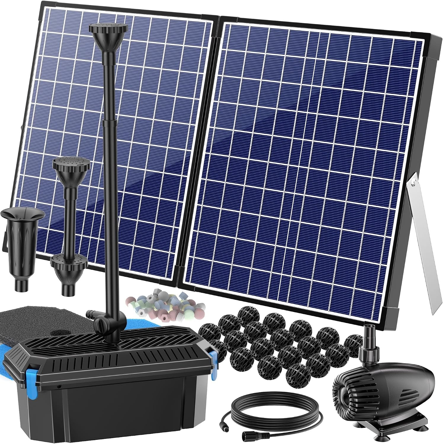Biling Vijverpomp op zonne-energie, complete set met pomp, 50 W, 2100 l/u, vijverpomp op zonne-energie met filter voor vijvers tot 4000 liter, fontein op zonne-energie, voor buiten, tuin, vijver