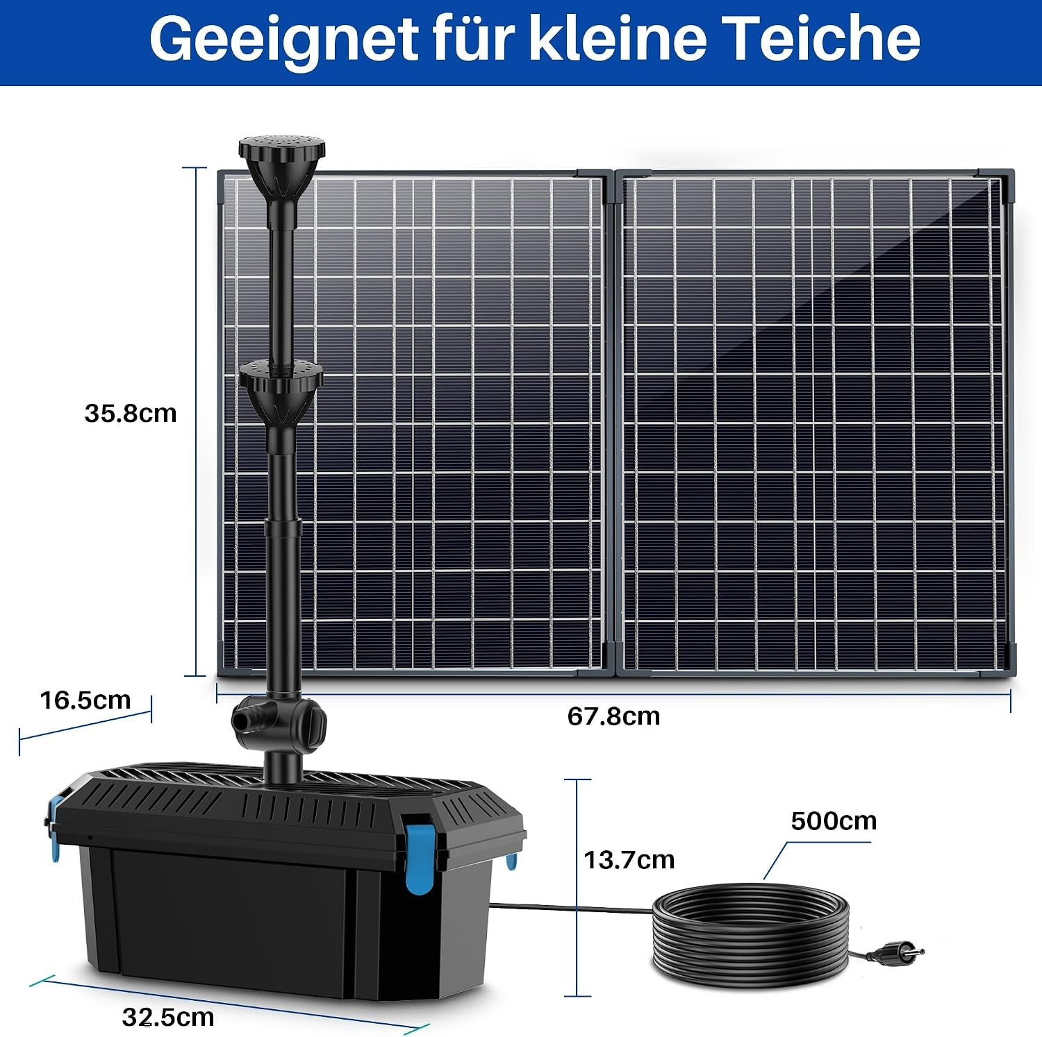 Biling Vijverpomp op zonne-energie, complete set met pomp, 50 W, 2100 l/u, vijverpomp op zonne-energie met filter voor vijvers tot 4000 liter, fontein op zonne-energie, voor buiten, tuin, vijver