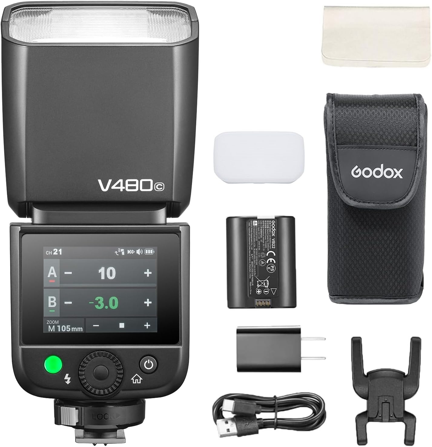 Godox V480C Flash TTL voor camera Canon, GN50 Speedlite touchscreen Canon, HSS 1/8000s USB-C oplaadhouder, 650 keer flitsen, met modelleringslamp