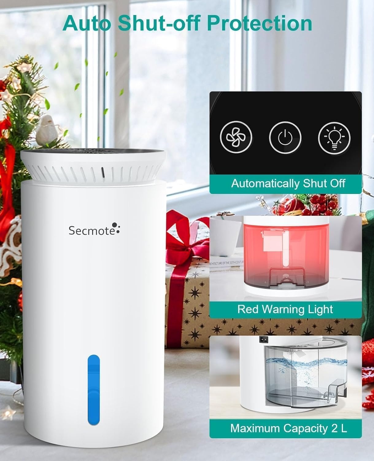 Secmote Elektrische Luchtontvochtiger - 2000 ml - Wit - Voor ruimtes tot 50 m²