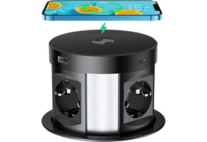 Intrekbare stekkerdoos 4 stopcontacten, 2x USB-C, 2x USB-A & draadloos opladen