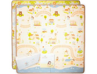 Gevoerde babymat, opvouwbaar, materiaal XPE, dikte 1,5 cm, afmetingen 180 x 200 cm, babymat vloer + premium PU-tas elematt + 20 sensorische kaarten