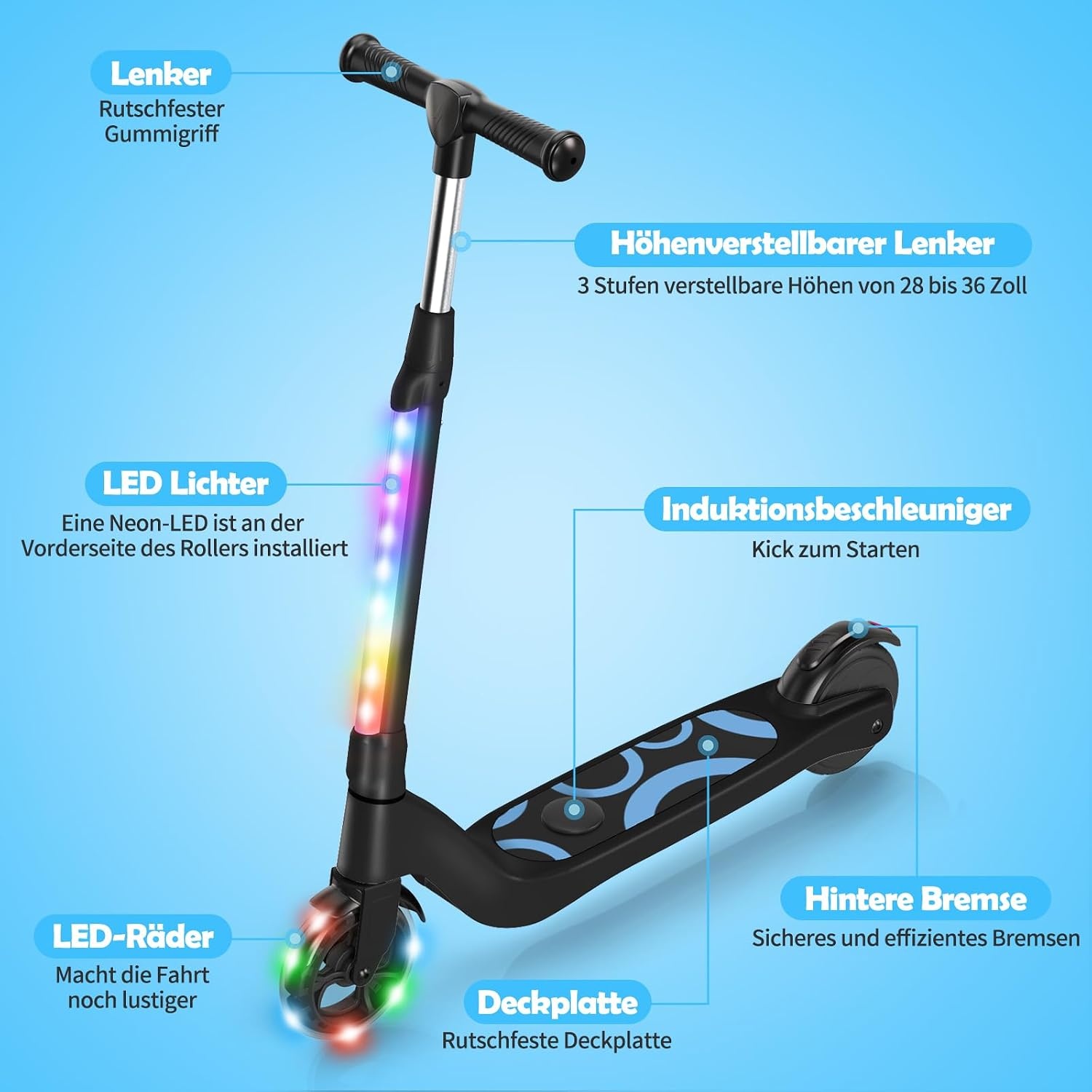 SISIGAD E-step voor kinderen van 6 tot 12 jaar, met knipperende ledlampen en 3 instelbare hoogtes, elektrische step voor kinderen van max. 10 km/u, motor van 45 W, maximale belasting 70 kg