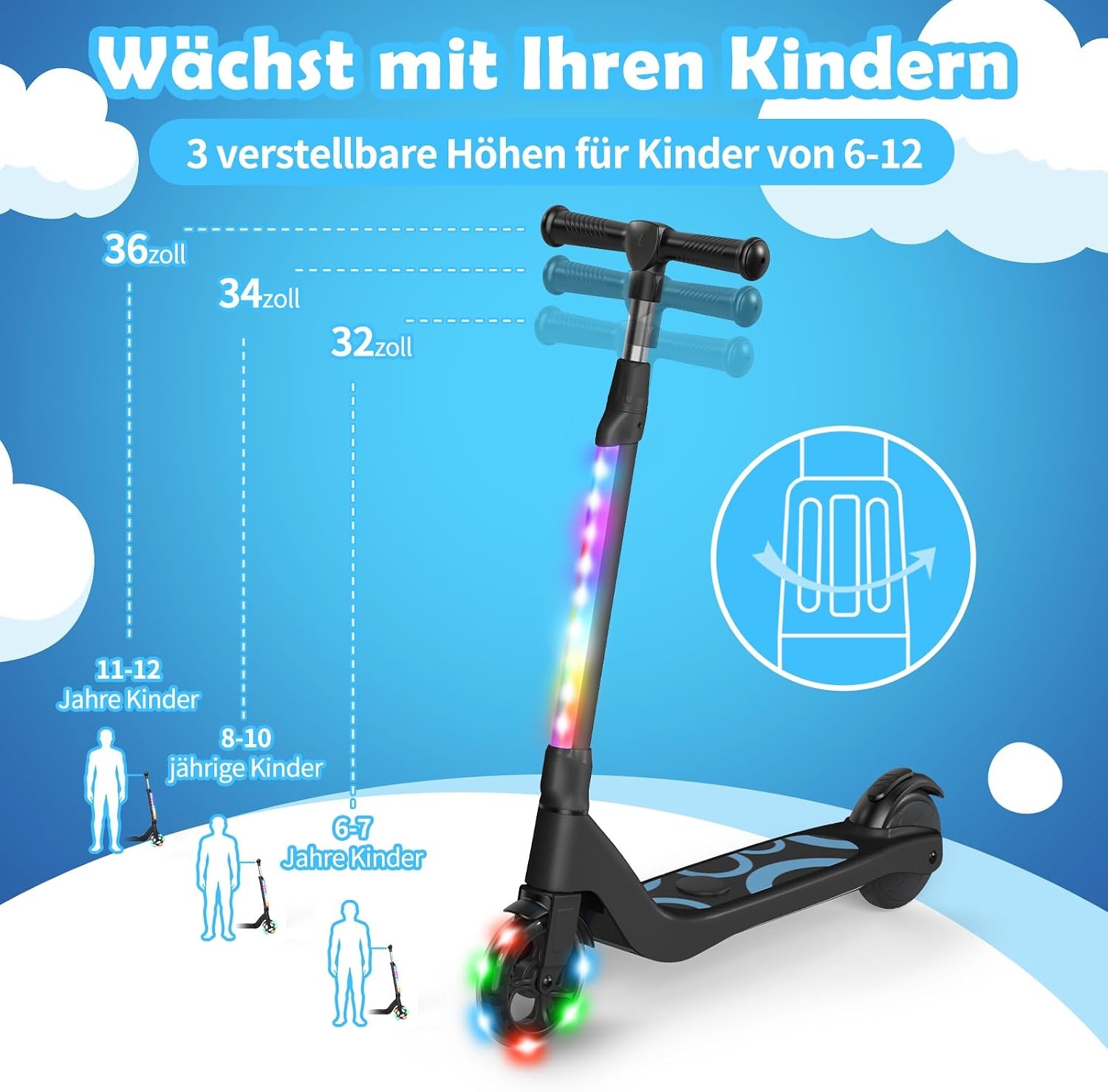SISIGAD E-step voor kinderen van 6 tot 12 jaar, met knipperende ledlampen en 3 instelbare hoogtes, elektrische step voor kinderen van max. 10 km/u, motor van 45 W, maximale belasting 70 kg
