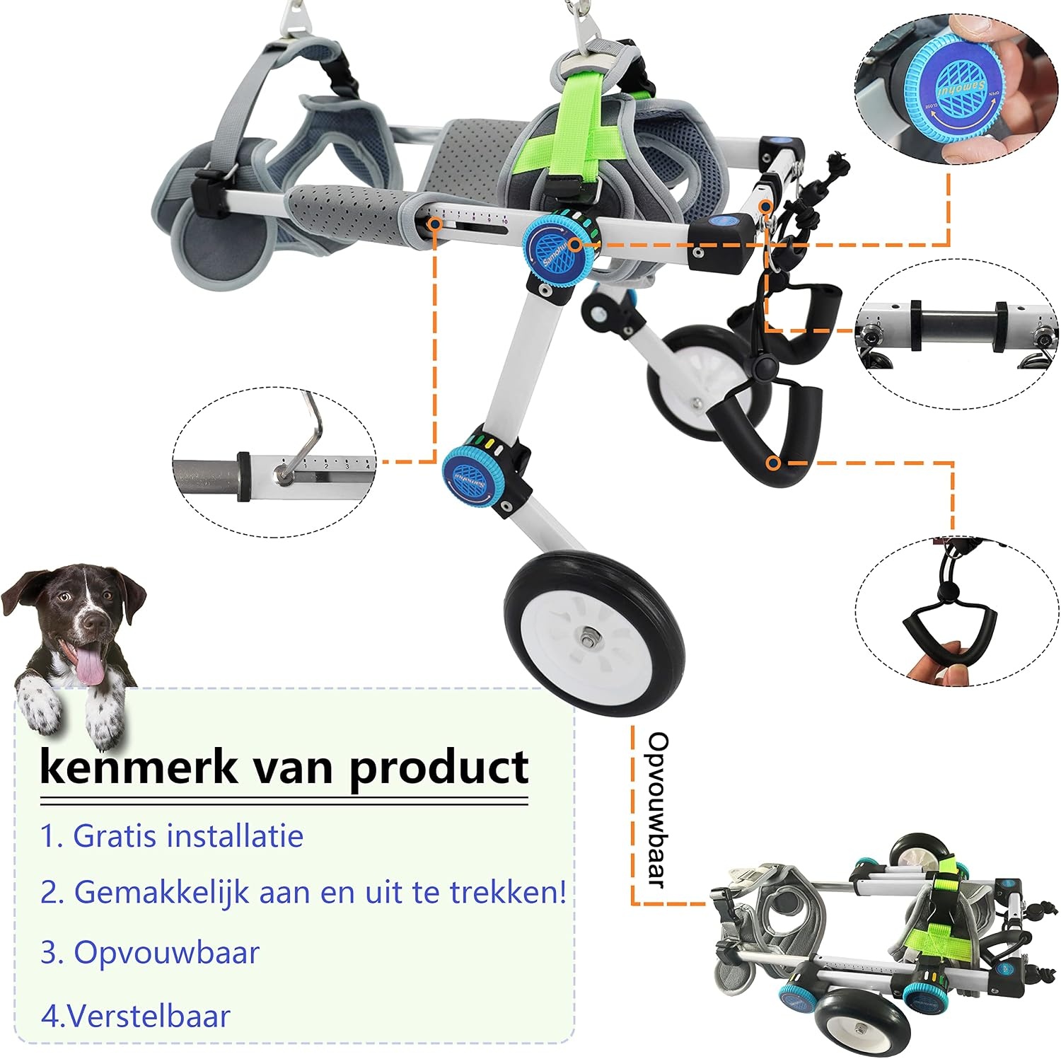 Opvouwbare Hondenrolstoel XS - Wit - Achterpoten Ondersteuning - 30% Korting
