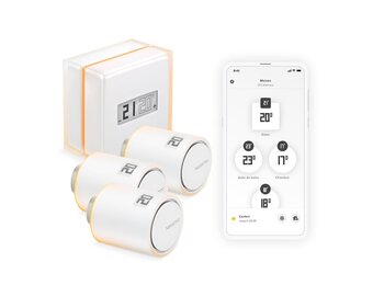 Netatmo Slimme Thermostaat Pakket + 3 Aangesloten en Slimme Thermostatische Koppen, Wifi, Afstandsbediening via App, Compatibel met Individuele Verwarming, NBU-NTH-NAV-EU