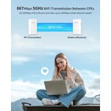 BrosTrend 5GHz 867Mbps WiFi Bridge WiFi-brug Punt-tot-Punt Buitenshuis CPE, Plug-and-play 1KM Lange Afstand Draadloze Brug met Passieve PoE-adapter, voor Boerderijgarage, Ethernet-Brug voor PtP/PtMP