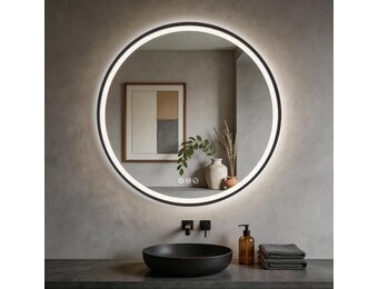 S'bagno Spiegel, rond, badkamer, met verlichting, 80 cm, ronde spiegel-led met Bluetooth, anti-condens, 3 lichtkleuren, dimbaar, geheugenlicht, IP44, gehard glas, frame van zwart ijzer - Maat 80L x 80B cm