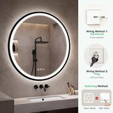 S'bagno Spiegel, rond, badkamer, met verlichting, 80 cm, ronde spiegel-led met Bluetooth, anti-condens, 3 lichtkleuren, dimbaar, geheugenlicht, IP44, gehard glas, frame van zwart ijzer - Maat 80L x 80B cm