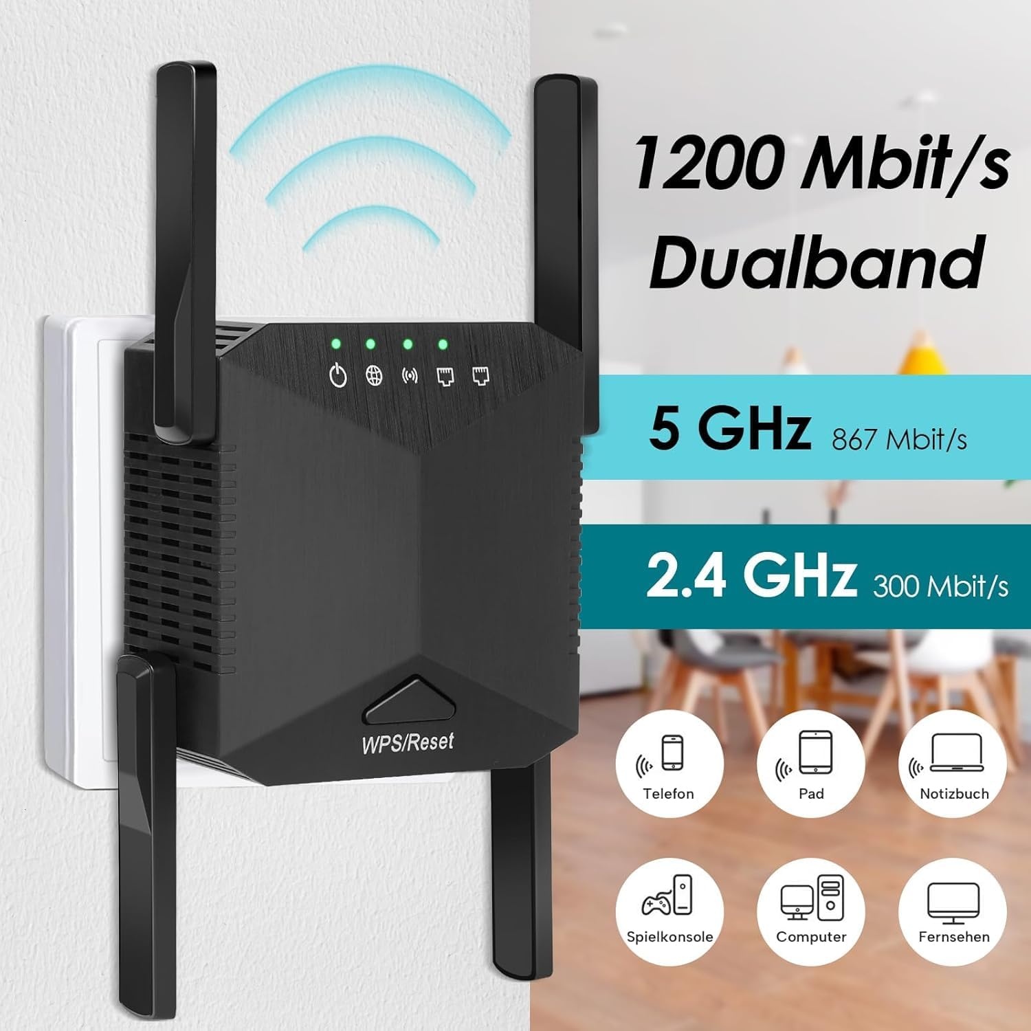Wifi-versterker 1200 Mbit/s Dual Band WiFi Repeater 5GHz + 2,4GHz WiFi Repeater met WPS WLAN internetversterker compatibel met alle apparaten WiFi Range