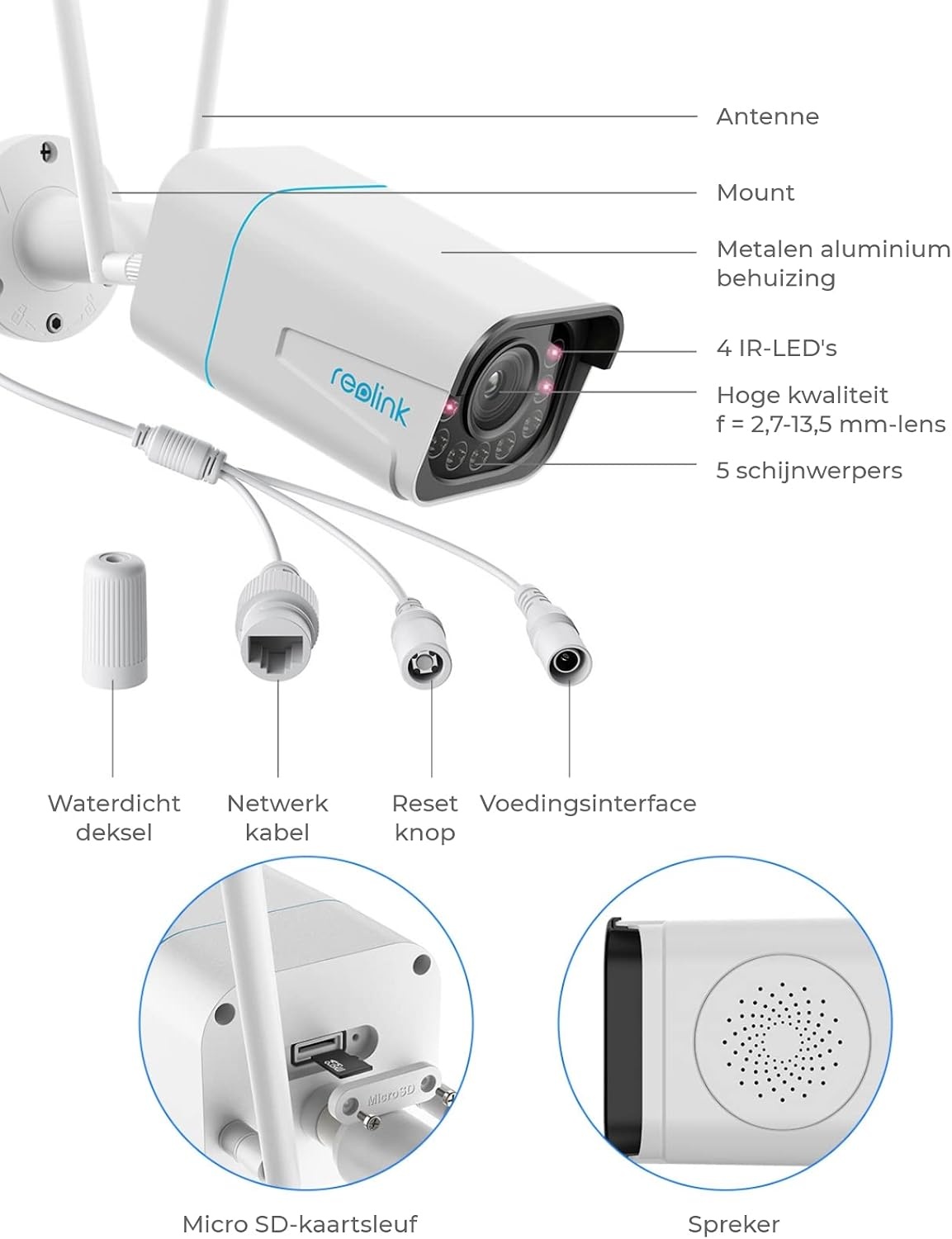 Reolink 5MP Draadloze Outdoor Beveiligingscamera met Spotlights, nachtzicht kleur, detectie van personen en voertuigen, 2.4/5 GHz WiFi, 5X optical zoom,2-Wegs Audio, RLC-511WA
