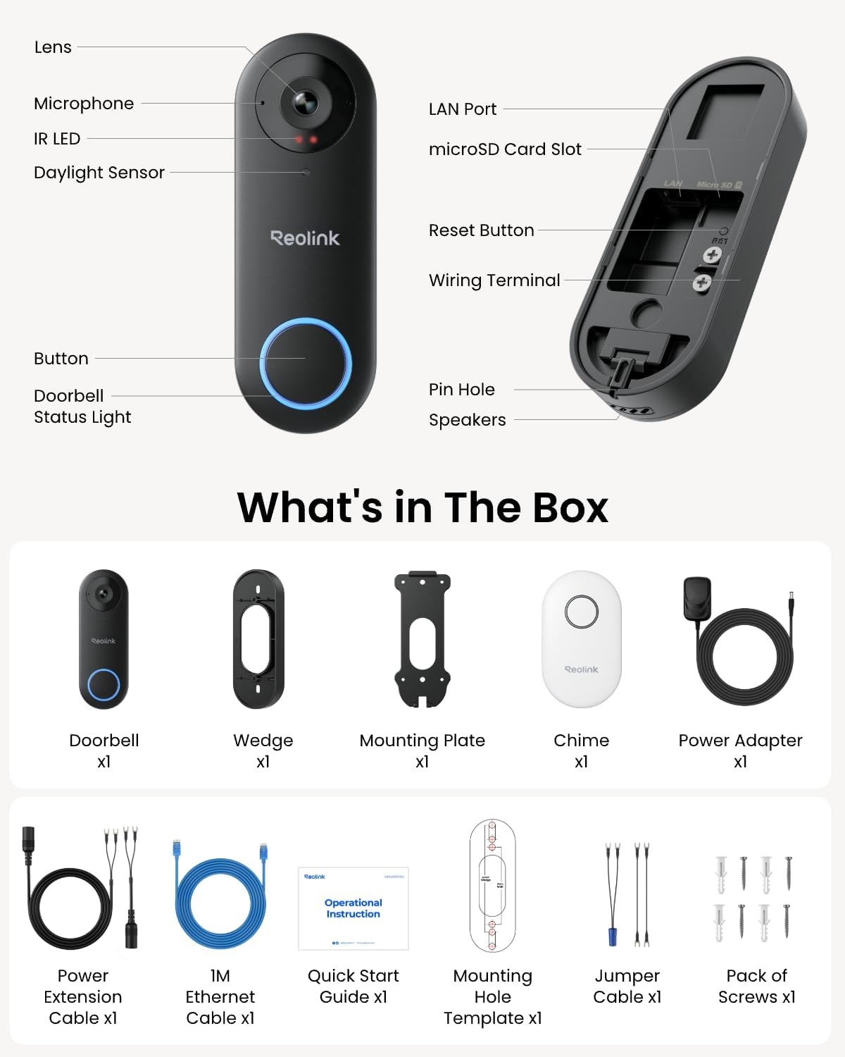 Reolink 2K+ Video Deurbel Wi-Fi met Camera, Groothoek, Tweeweg Audio, Slimme Menselijke Detectie en Waarschuwingen, 2.4/5GHz WiFi, SD-kaartsleuf, met Chime, Video Doorbell WiFi (Plug-in Versie)