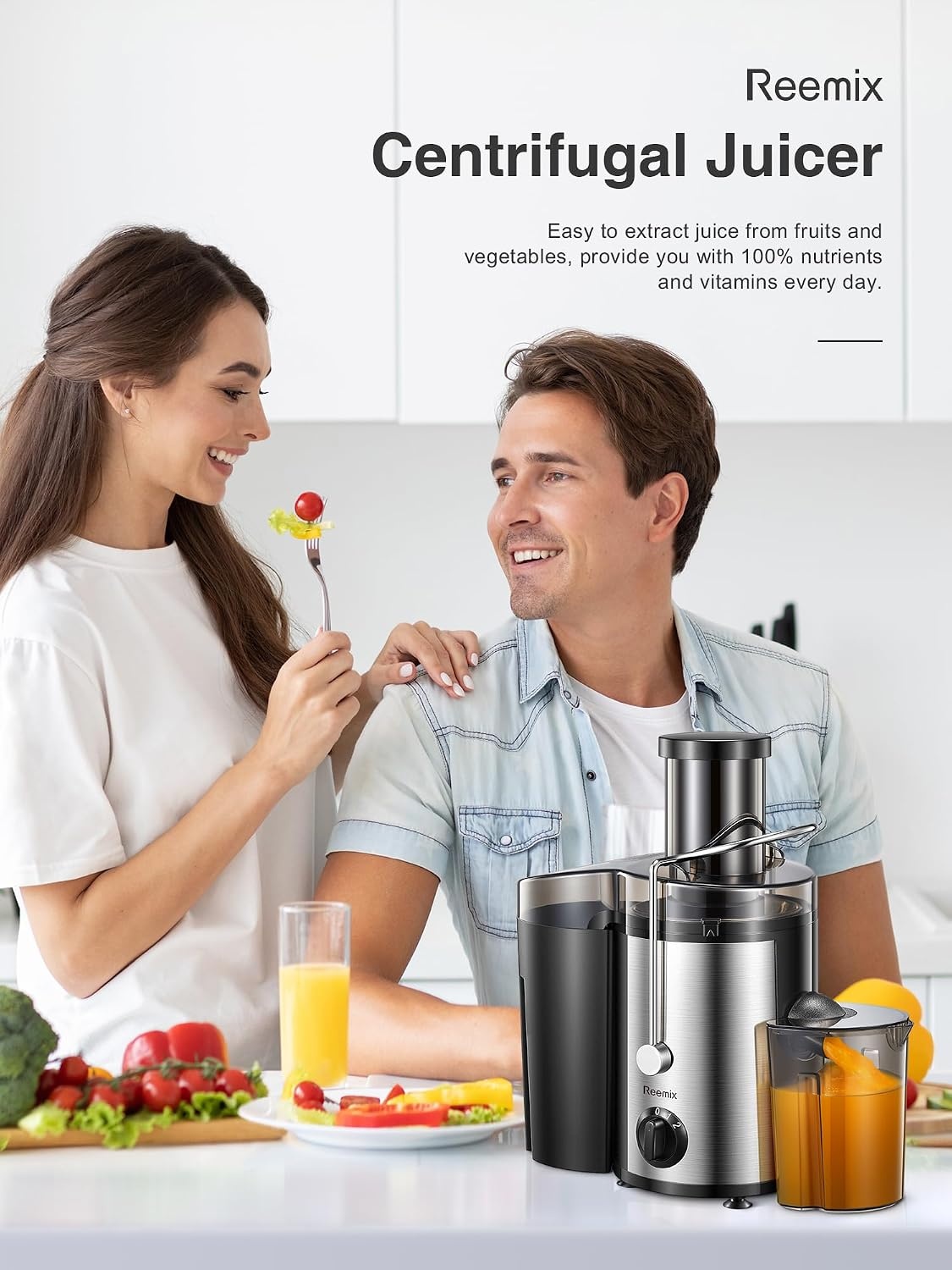 Juicer, Reemix Centrifugale Sapcentrifuge Machines voor hele groenten en fruit 800 W, 3 inch brede mond sapcentrifuge met 2 snelheden, borstel inbegrepen, gemakkelijk schoon te maken (800W)