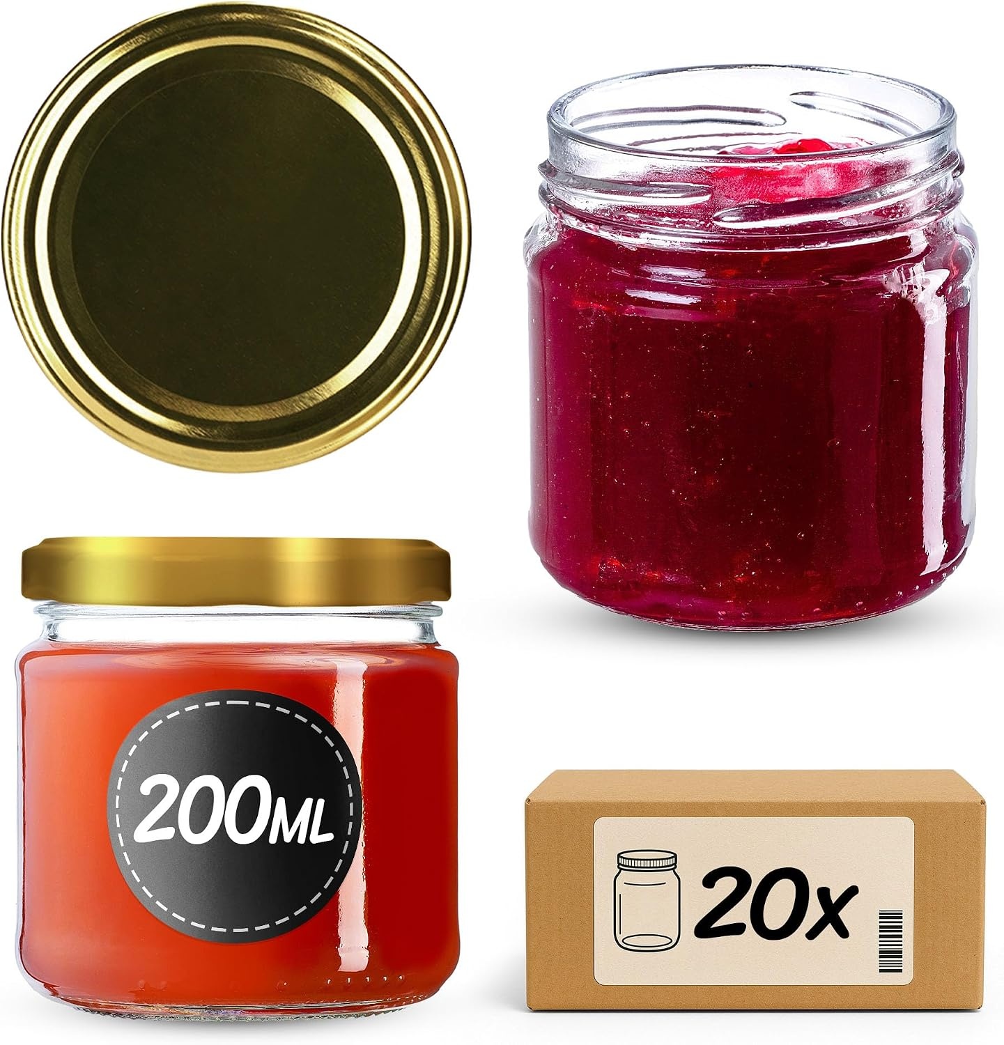 KADAX Inmaakpotten 200 ml - Set van 20 stuks - Luchtdichte Jampotten met Gouden Deksel