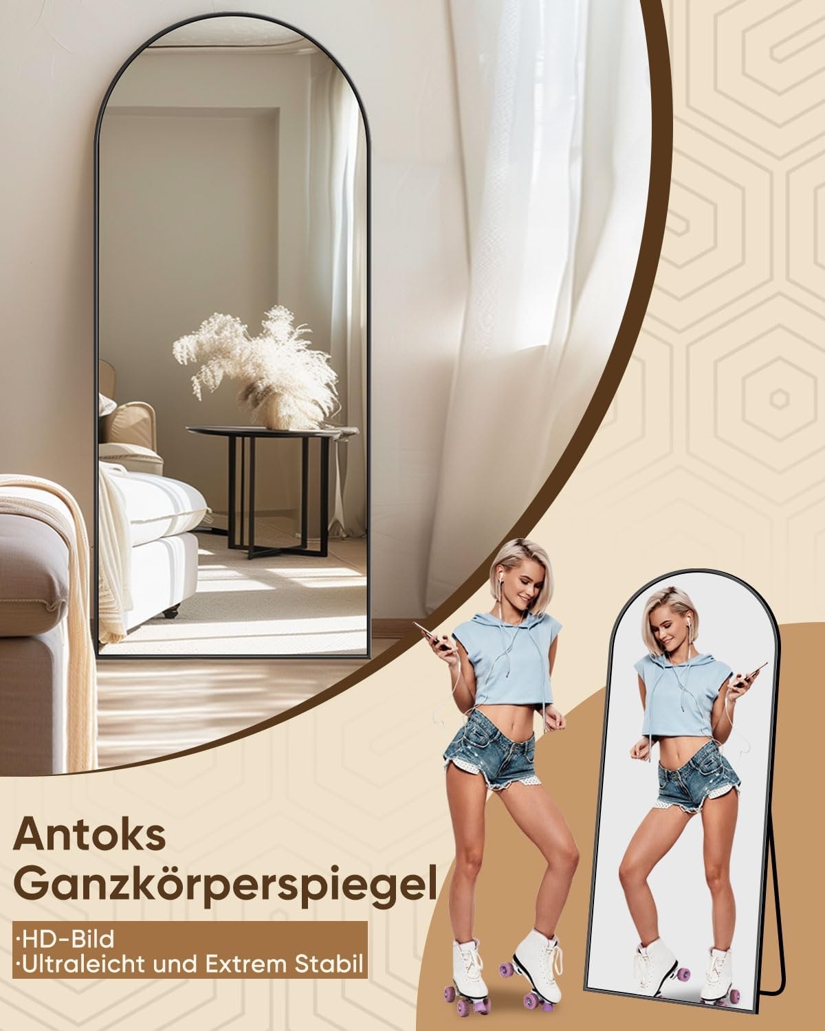 Boogspiegel Zwart 147x46 cm | Staand of Wand | Aluminium frame | -34%