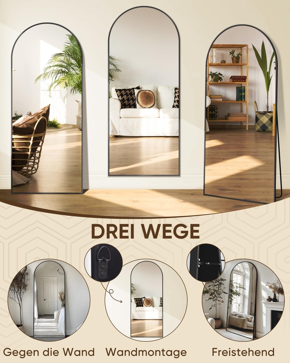 Boogspiegel Zwart 147x46 cm | Staand of Wand | Aluminium frame | -34%