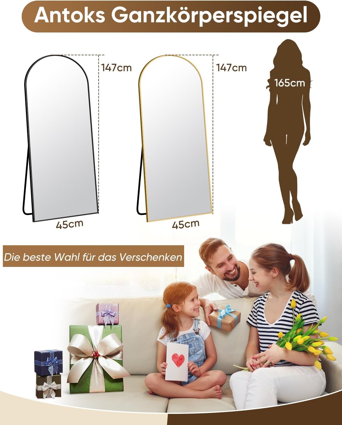 Boogspiegel Zwart 147x46 cm | Staand of Wand | Aluminium frame | -34%