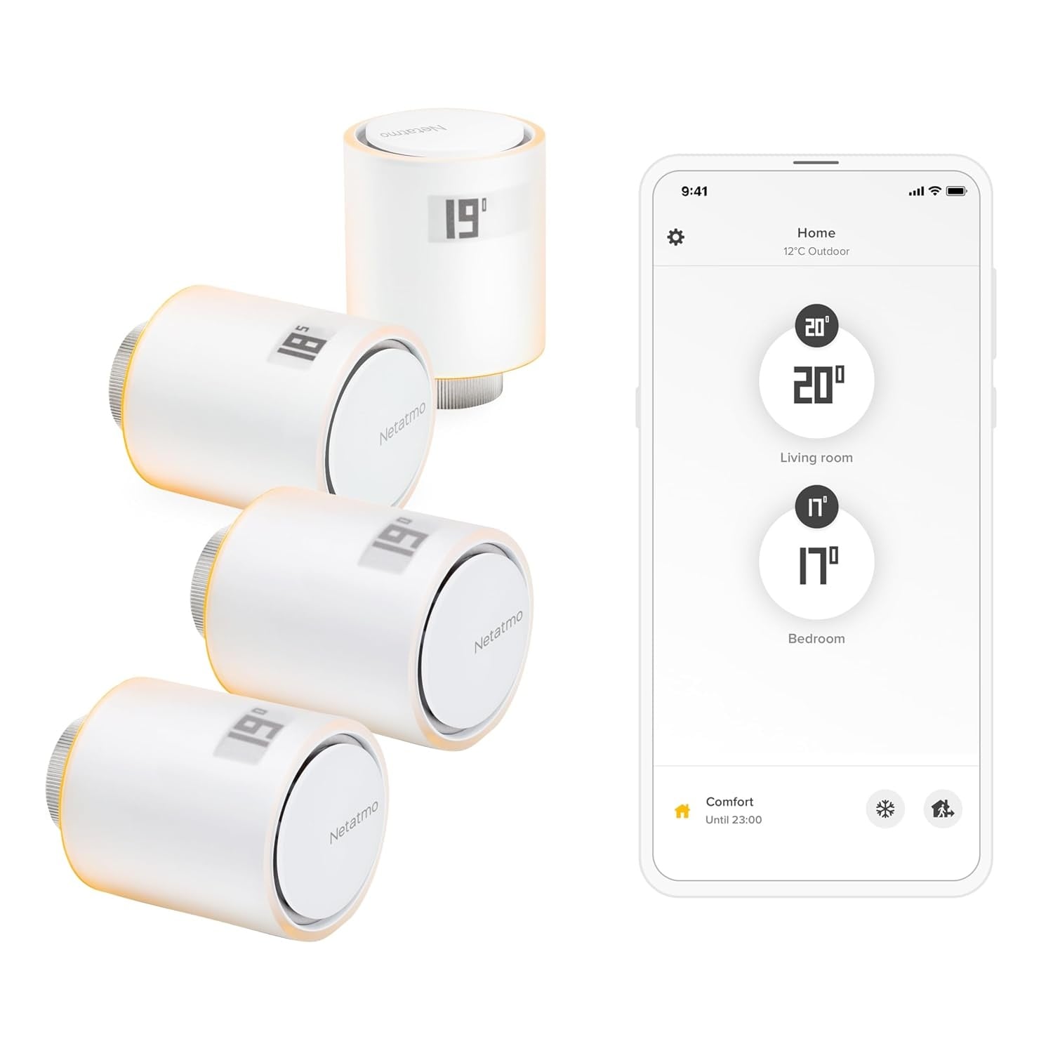 Netatmo Pack 4 Connected en slimme thermostaatkoppen, accessoire voor Connected en slimme thermostaat, thermostaatkranen voor radiatoren, NBU-4-NAV-EU