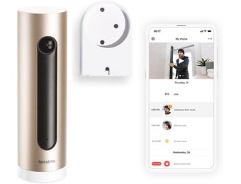 Netatmo Slimme Binnencamera met muurbevestiging, WIFI 2.4 GHz, Bewegingsdetectie, Nachtzicht, FHD 1080p, MicroSD-kaart, Zonder Abonnement, Alexa/Google/Apple, NSC-AMZ