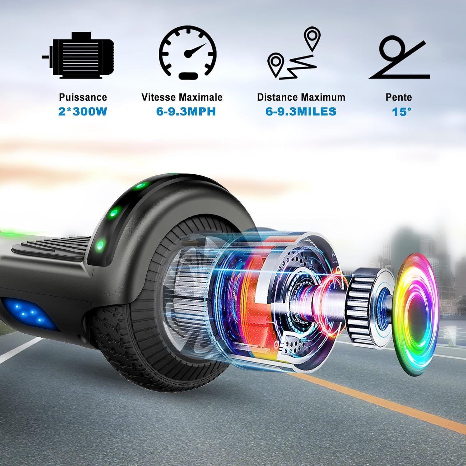 SISIGAD Offroad hoverboard voor kinderen en volwassenen met 6,5 inch banden, krachtige batterij, hoverboard, bluetooth, luidspreker, LED-licht, A02, A02, zwart