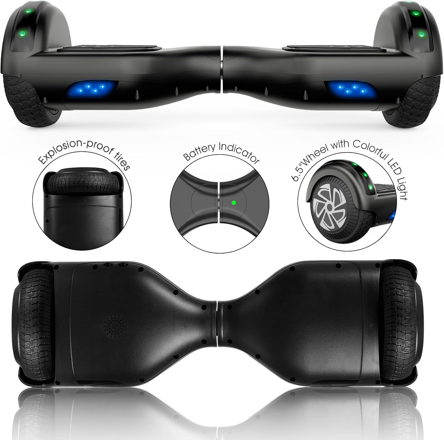 SISIGAD Offroad hoverboard voor kinderen en volwassenen met 6,5 inch banden, krachtige batterij, hoverboard, bluetooth, luidspreker, LED-licht, A02, A02, zwart
